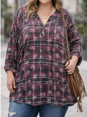 Woman Within Purple Plaid Floral Print Blouse Tunic Top Plus 3X Cottagecore Boho